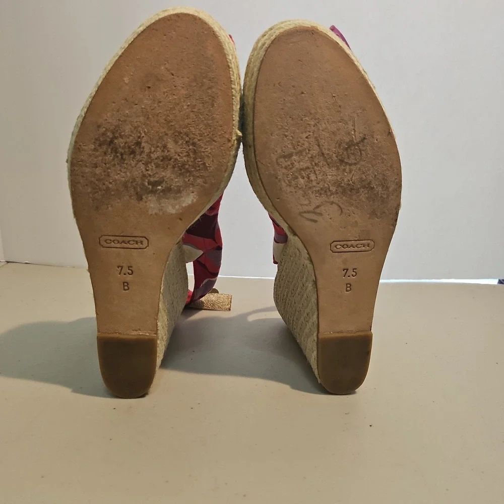 Coach Pink/Gold Espadrilles Wedge Canvas & Leather Henley Sandal Sz 7.5B
